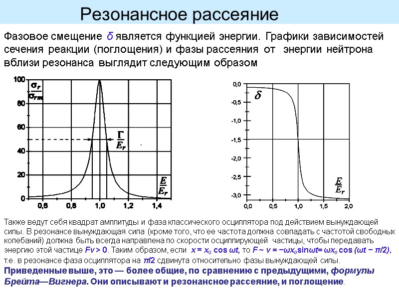 Резонансное рассеяние   Фазовое смещение δ является функцией энергии. Графики зависимостей сечения реакции